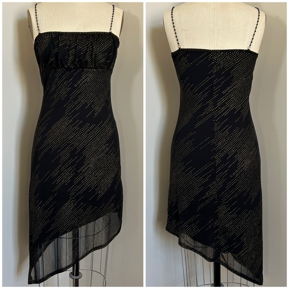 VTG Y2K 90s Asymmetrical Black & Gold Sparkly Dress Grunge Fairy Goth USA Sz S